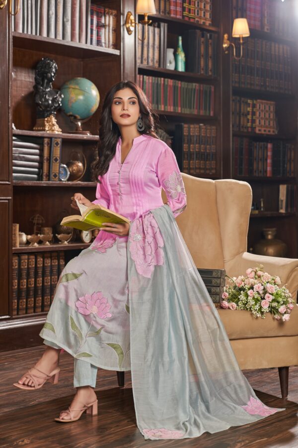 Mul Chanderi Anarkali Set with Floral Work - Image 3