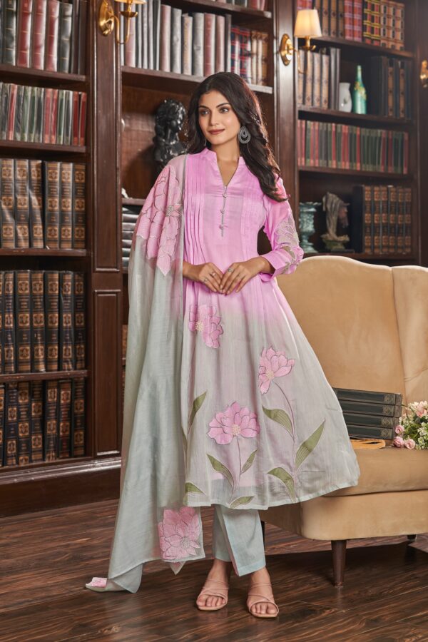 Mul Chanderi Anarkali Set with Floral Work - Image 2